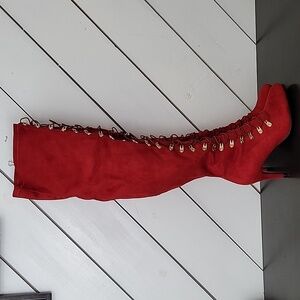 Journee Collection Red Over-the-Knee Lace-Up Heeled Boots